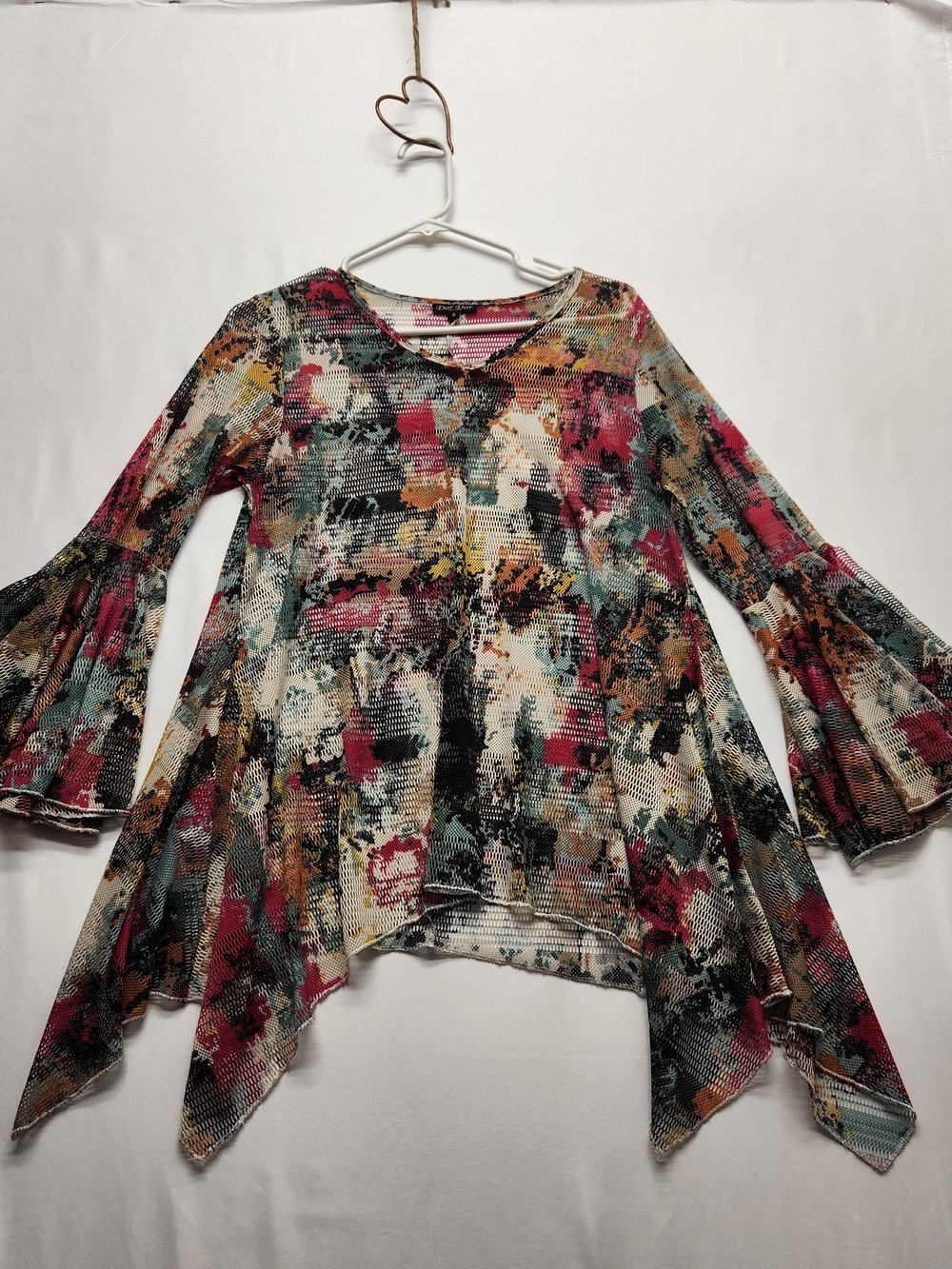 ⭐️Dor Dor Couture Whimsigoth Abstract Mesh Bell Sleeve Sharkbite Tunic Top Small